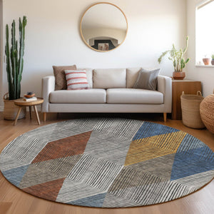 HomeRoots 8' Modern Gray Blue & Gold Geometric Washable Round Rug - UV Resistant, Perfect for High-Traffic Areas 676179