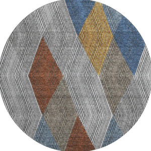 HomeRoots 8' Modern Gray Blue & Gold Geometric Washable Round Rug - UV Resistant, Perfect for High-Traffic Areas 676179