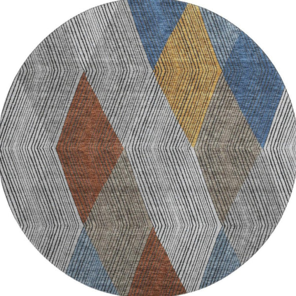 HomeRoots 8' Modern Gray Blue & Gold Geometric Washable Round Rug - UV Resistant, Perfect for High-Traffic Areas 676179