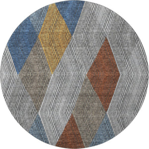HomeRoots 8' Modern Gray Blue & Gold Geometric Washable Round Rug - UV Resistant, Perfect for High-Traffic Areas 676179