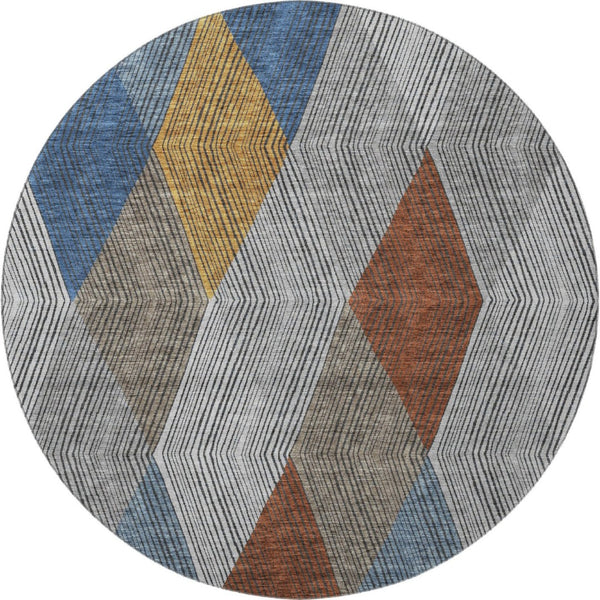 HomeRoots 8' Modern Gray Blue & Gold Geometric Washable Round Rug - UV Resistant, Perfect for High-Traffic Areas 676179