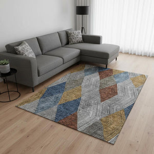 HomeRoots 8' X 10' Washable Gray-Blue & Gold Geometric Area Rug with UV Protection for Modern Living Spaces 676180