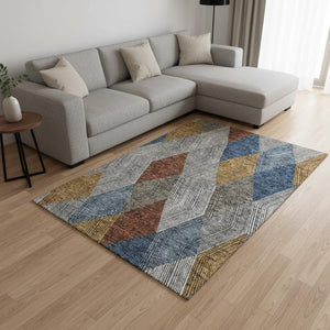 HomeRoots 9' X 12' Contemporary Gray Blue Gold Geometric Area Rug – Durable, Washable, UV-Protected Design 676181