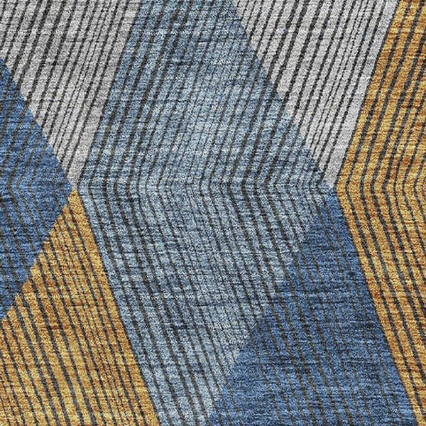 HomeRoots 9' X 12' Contemporary Gray Blue Gold Geometric Area Rug – Durable, Washable, UV-Protected Design 676181