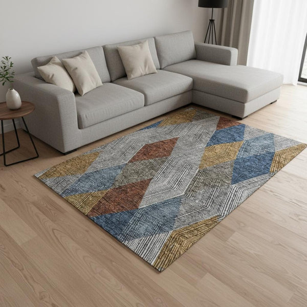 HomeRoots 10' Gray Blue & Gold Geometric Washable Area Rug - UV Protection, Stain Resistant, Stylish Durability 676182