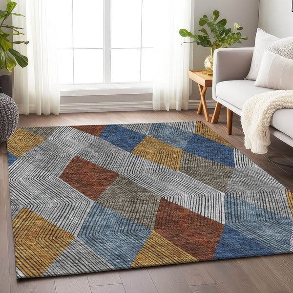HomeRoots 10' Gray Blue & Gold Geometric Washable Area Rug - UV Protection, Stain Resistant, Stylish Durability 676182