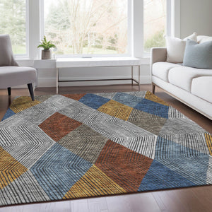 HomeRoots 10' Gray Blue & Gold Geometric Washable Area Rug - UV Protection, Stain Resistant, Stylish Durability 676182