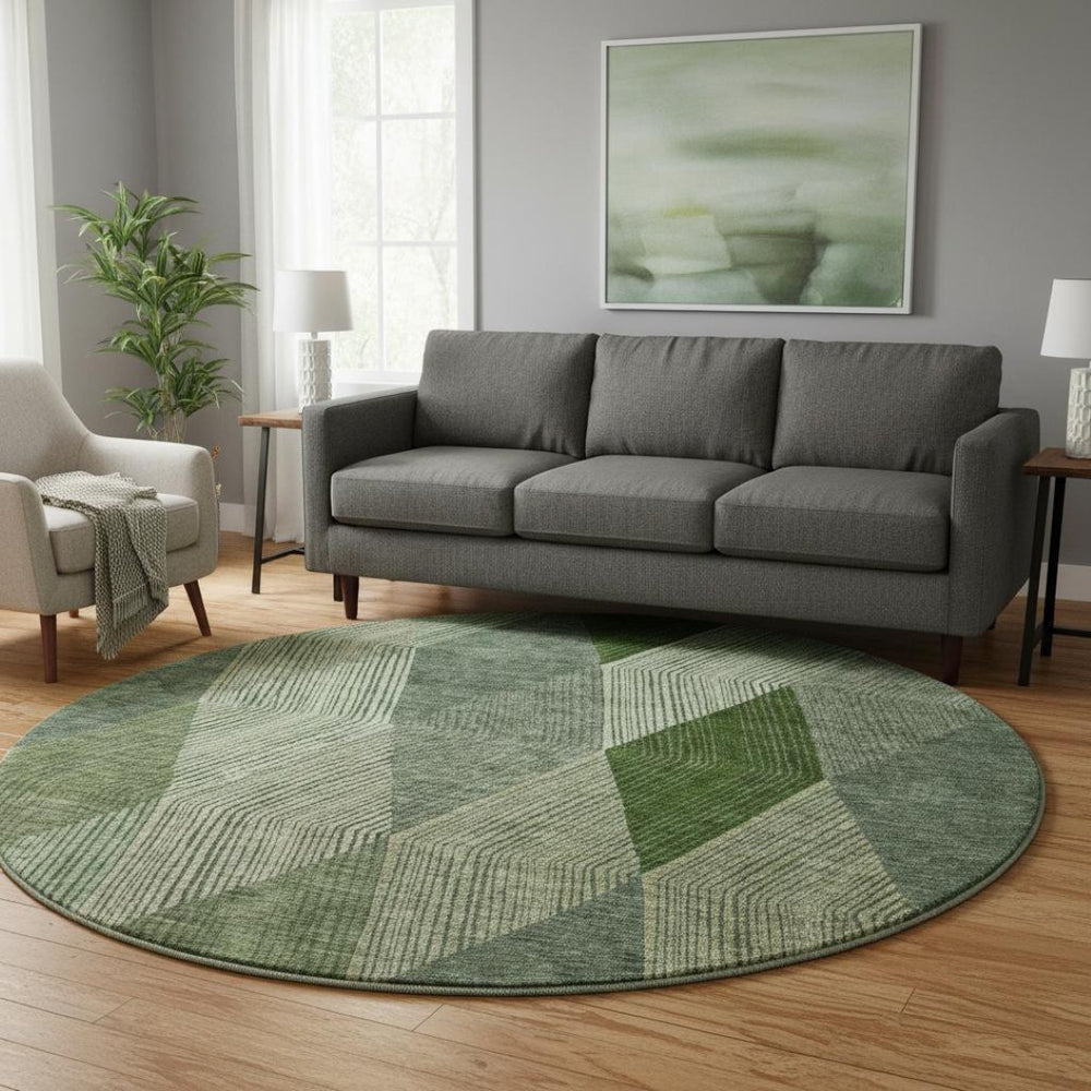HomeRoots 8' Green Gray and Sage Geometric Round Rug - Washable, UV-Protected, Perfect for Busy Homes! 676185