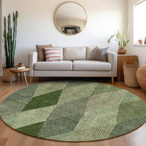 HomeRoots 8' Green Gray and Sage Geometric Round Rug - Washable, UV-Protected, Perfect for Busy Homes! 676185