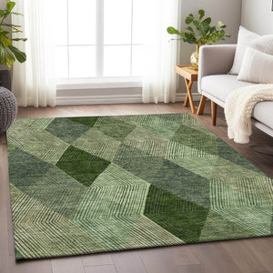 HomeRoots 9' X 12' Washable Geometric Area Rug in Green, Gray & Sage - UV Resistant, Stain-Proof, Soft Design 676187