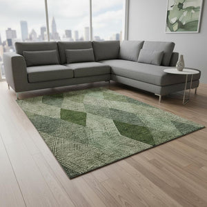 HomeRoots 9' X 12' Washable Geometric Area Rug in Green, Gray & Sage - UV Resistant, Stain-Proof, Soft Design 676187