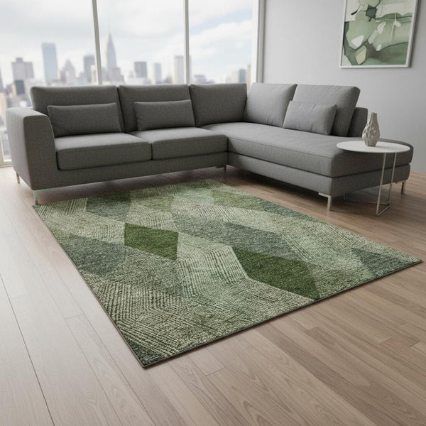 HomeRoots 9' X 12' Washable Geometric Area Rug in Green, Gray & Sage - UV Resistant, Stain-Proof, Soft Design 676187