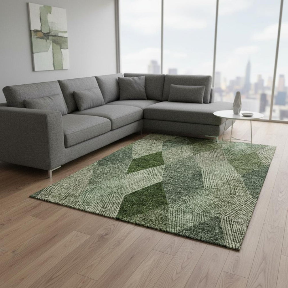 HomeRoots 10' X 14' Geometric Area Rug in Green, Gray & Sage – Washable, UV-Protected, Stain-Resistant Design! 676188