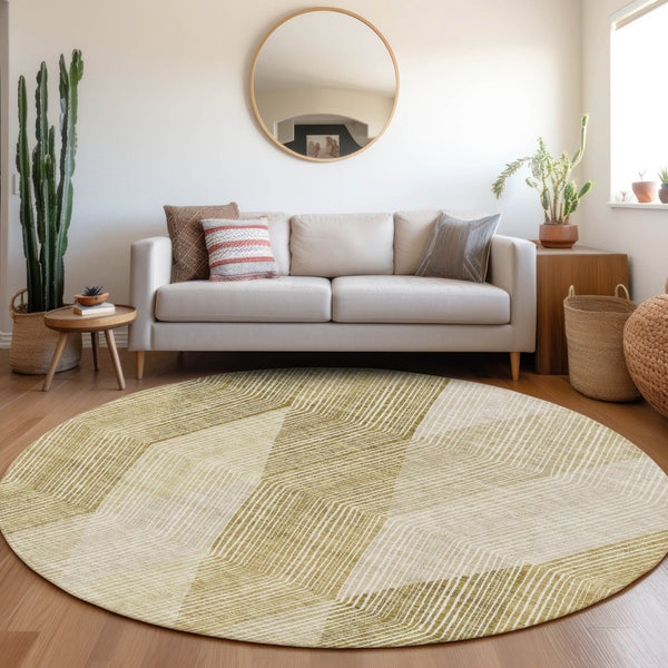HomeRoots 8' Ivory Beige and Tan Geometric Round Rug - Washable, Durable, UV Protected, Perfect for High-Traffic Areas 676191