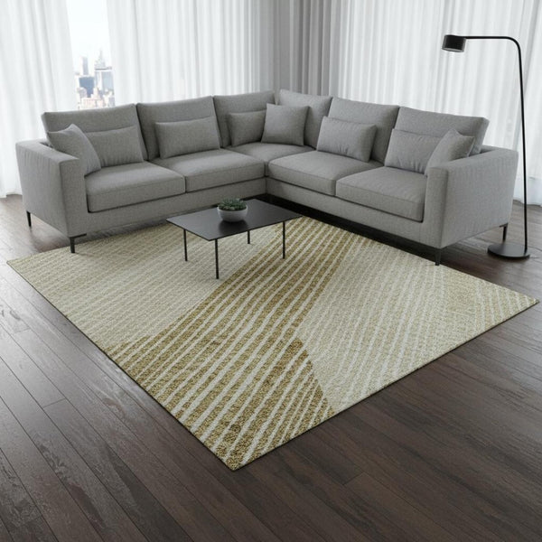 HomeRoots 8' X 10' Elegant Ivory Beige Tan Geometric Area Rug – Washable, UV-Protected, Stain-Resistant Design 676192