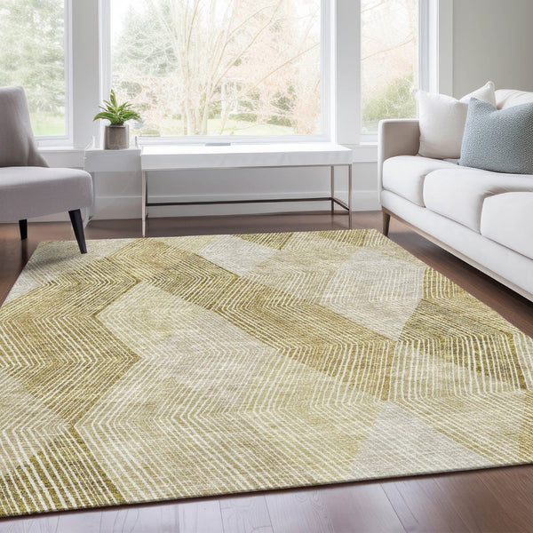 HomeRoots 8' X 10' Elegant Ivory Beige Tan Geometric Area Rug – Washable, UV-Protected, Stain-Resistant Design 676192