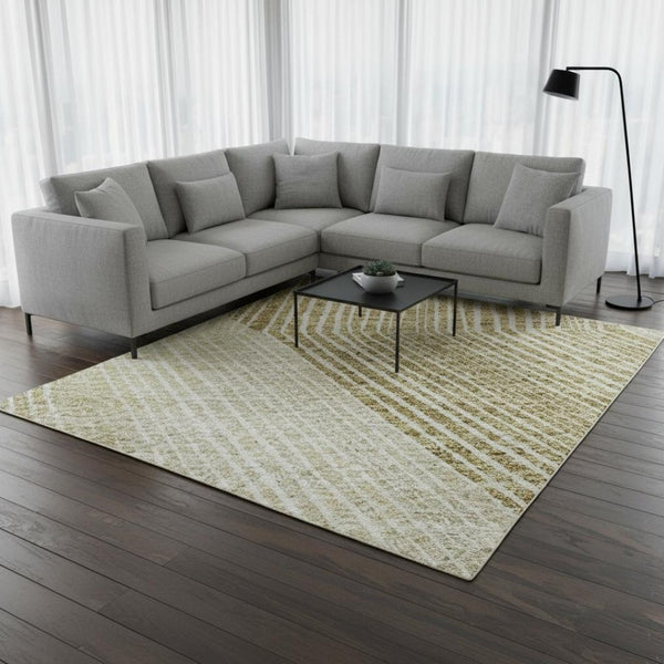 HomeRoots 9' X 12' Luxurious Geometric Area Rug in Ivory, Beige & Tan - Durable, Washable, UV-Protected Design 676193