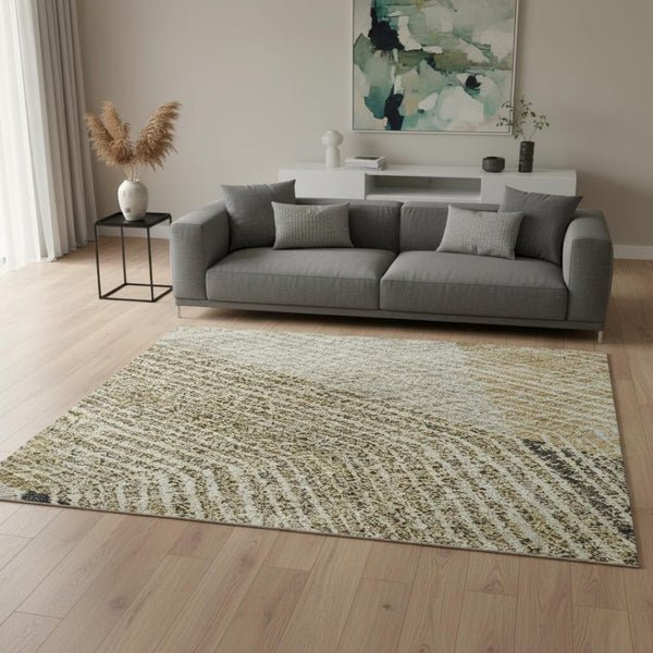 HomeRoots 5' X 8' Modern Geometric Area Rug in Coffee, Gold, and Taupe - Washable, UV Protected & Stain Resistant 676196
