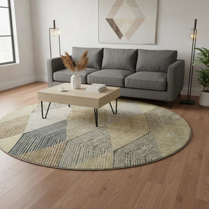 HomeRoots 8' Coffee Gold & Taupe Geometric Round Rug - Washable, UV-Protected, Durable, Perfect for Homes! 676197