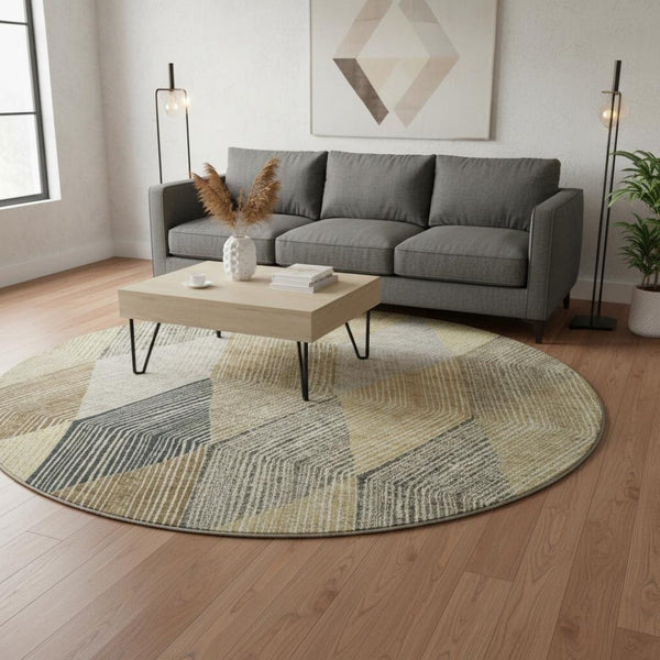 HomeRoots 8' Coffee Gold & Taupe Geometric Round Rug - Washable, UV-Protected, Durable, Perfect for Homes! 676197