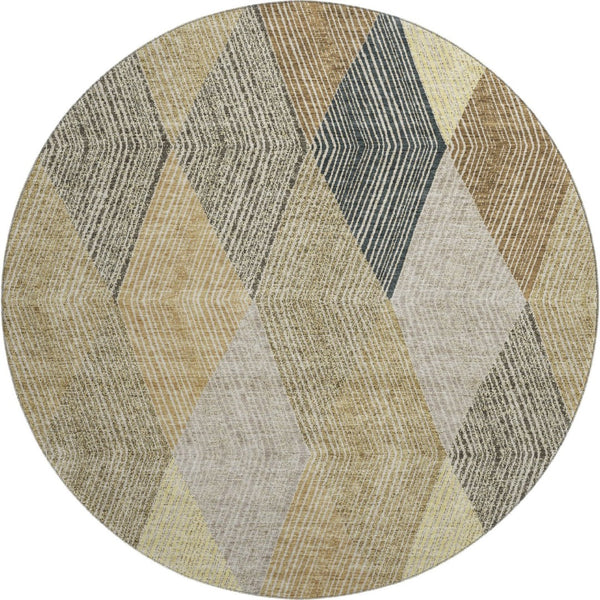 HomeRoots 8' Coffee Gold & Taupe Geometric Round Rug - Washable, UV-Protected, Durable, Perfect for Homes! 676197