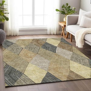 HomeRoots 9' X 12' Geometric Washable Area Rug in Coffee, Gold & Taupe - Stain Resistant & UV Protected! 676199