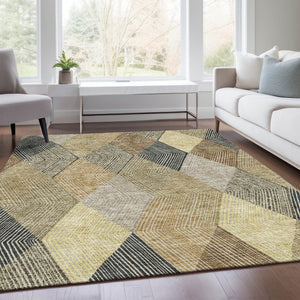 HomeRoots 9' X 12' Geometric Washable Area Rug in Coffee, Gold & Taupe - Stain Resistant & UV Protected! 676199