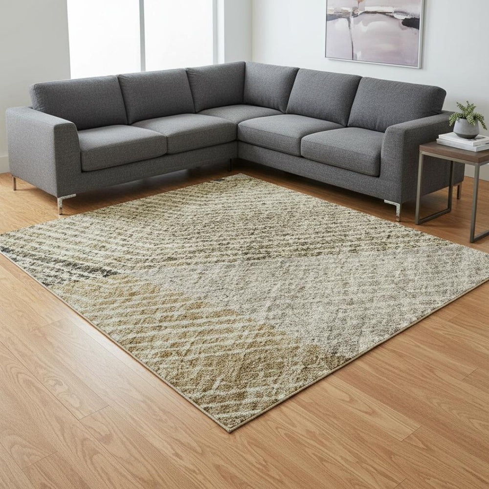 HomeRoots 10' X 14' Geometric Area Rug in Coffee, Gold & Taupe - Washable, UV Protection & Stain Resistant! 676200