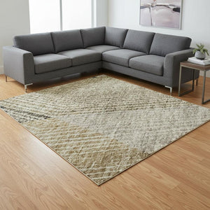 HomeRoots 10' X 14' Geometric Area Rug in Coffee, Gold & Taupe - Washable, UV Protection & Stain Resistant! 676200