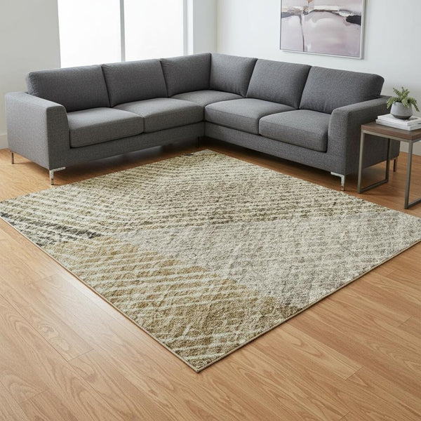 HomeRoots 10' X 14' Geometric Area Rug in Coffee, Gold & Taupe - Washable, UV Protection & Stain Resistant! 676200