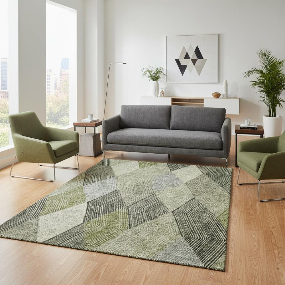 HomeRoots 5' X 8' Stylish Olive Green Gray Ivory Geometric Area Rug – Washable, UV-Protected & Stain-Resistant 676202