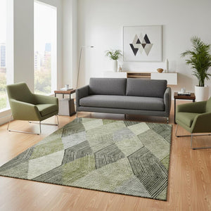 HomeRoots 5' X 8' Stylish Olive Green Gray Ivory Geometric Area Rug – Washable, UV-Protected & Stain-Resistant 676202