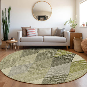 HomeRoots 8' Stylish Olive Green Gray Ivory Round Rug - Washable, UV Protected, Perfect for High-Traffic Areas 676203