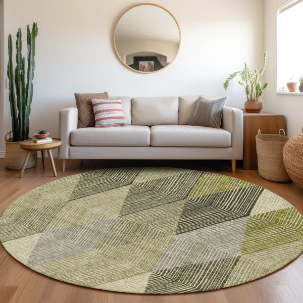 HomeRoots 8' Stylish Olive Green Gray Ivory Round Rug - Washable, UV Protected, Perfect for High-Traffic Areas 676203