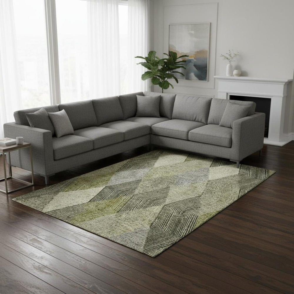 HomeRoots 8' X 10' Olive Green Gray Ivory Geometric Area Rug - Washable, Stain-Resistant, UV Protected Design 676204