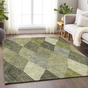 HomeRoots 8' X 10' Olive Green Gray Ivory Geometric Area Rug - Washable, Stain-Resistant, UV Protected Design 676204
