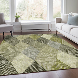 HomeRoots 8' X 10' Olive Green Gray Ivory Geometric Area Rug - Washable, Stain-Resistant, UV Protected Design 676204