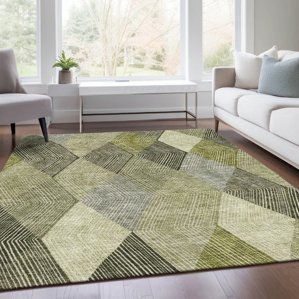 HomeRoots 8' X 10' Olive Green Gray Ivory Geometric Area Rug - Washable, Stain-Resistant, UV Protected Design 676204