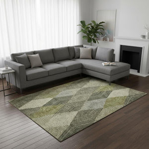 HomeRoots 9' X 12' Olive Green Gray Ivory Geometric Washable Area Rug - Stylish, Durable, UV Protected Design 676205