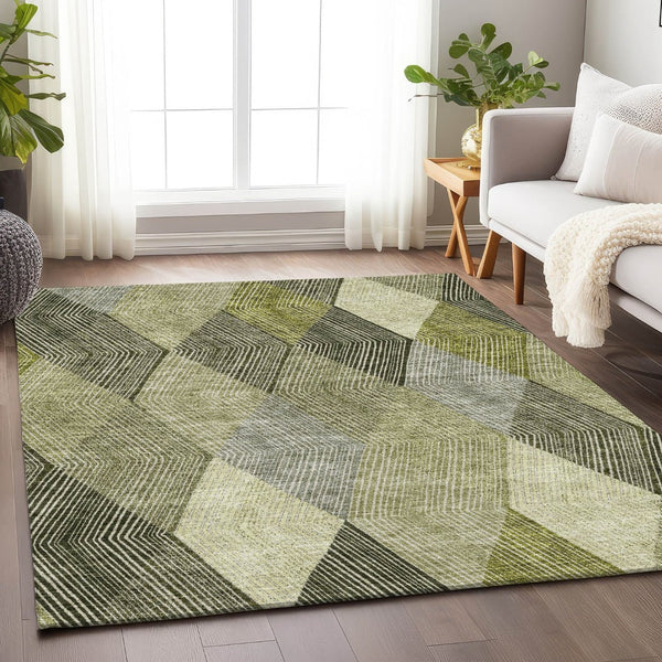 HomeRoots 9' X 12' Olive Green Gray Ivory Geometric Washable Area Rug - Stylish, Durable, UV Protected Design 676205