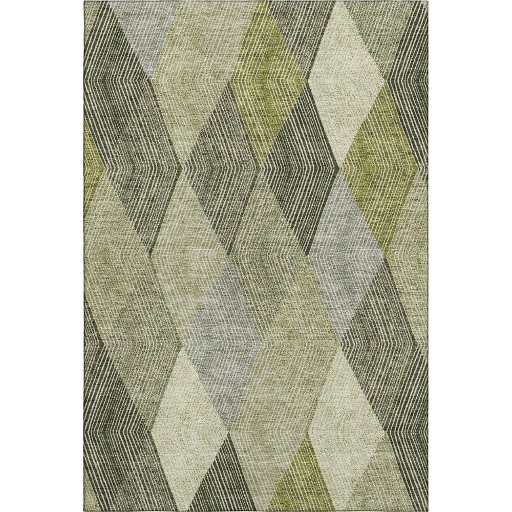 HomeRoots 9' X 12' Olive Green Gray Ivory Geometric Washable Area Rug - Stylish, Durable, UV Protected Design 676205