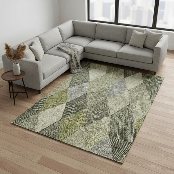 HomeRoots 10' Olive Green, Gray & Ivory Geometric Washable Area Rug - UV Protected for High-Traffic Spaces 676206
