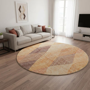 HomeRoots 8' Modern Geometric Orange-Salmon and Ivory Washable Round Rug with UV Protection for Any Space 676209