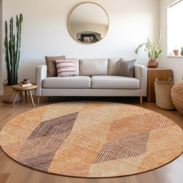 HomeRoots 8' Modern Geometric Orange-Salmon and Ivory Washable Round Rug with UV Protection for Any Space 676209