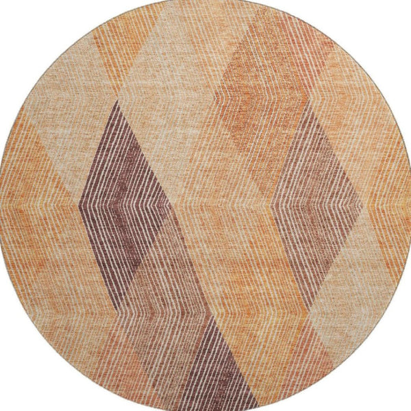 HomeRoots 8' Modern Geometric Orange-Salmon and Ivory Washable Round Rug with UV Protection for Any Space 676209