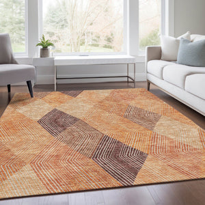 HomeRoots 9' X 12' Vibrant Orange-Salmon Geometric Area Rug with UV Protection | Washable & Durable Design 676211