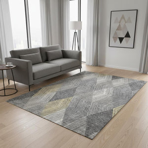 HomeRoots 5' Stylish Pewter Gold Ivory Geometric Area Rug - Washable, UV Protected & Perfect for High-Traffic Spaces 676214