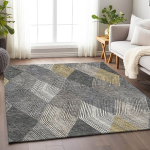 HomeRoots 5' Stylish Pewter Gold Ivory Geometric Area Rug - Washable, UV Protected & Perfect for High-Traffic Spaces 676214