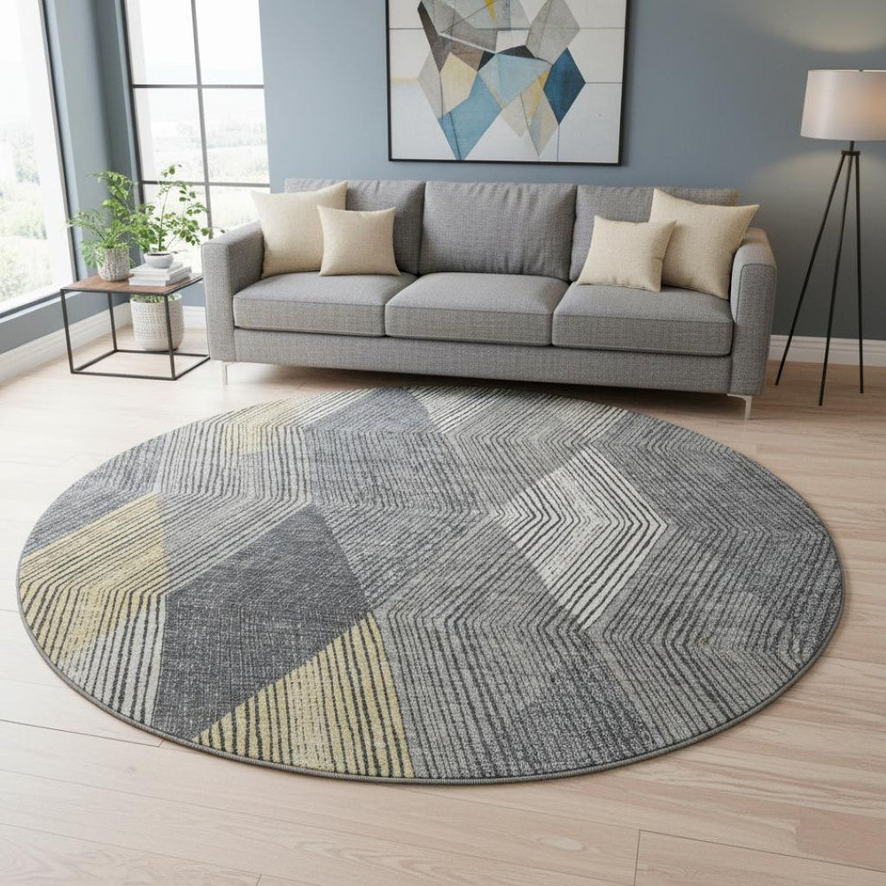HomeRoots 8' Modern Geometric Round Rug in Pewter, Gold & Ivory – Washable, UV Protected & Stain-Resistant! 676215