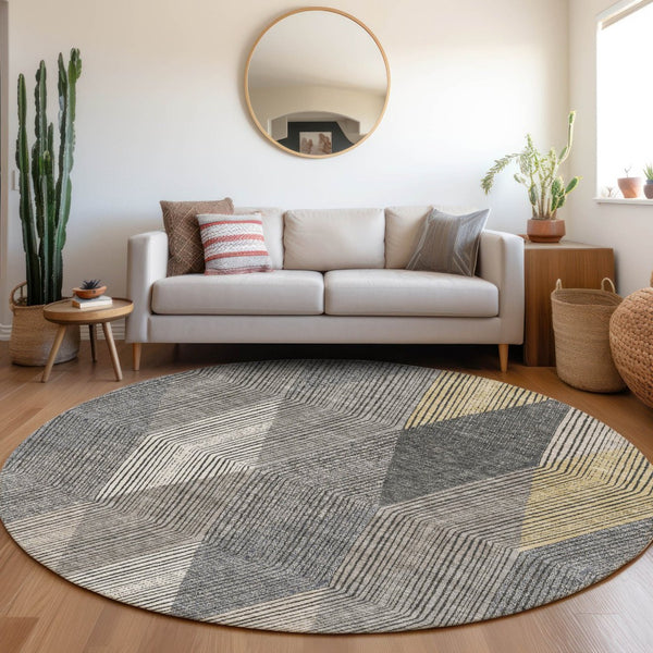 HomeRoots 8' Modern Geometric Round Rug in Pewter, Gold & Ivory – Washable, UV Protected & Stain-Resistant! 676215